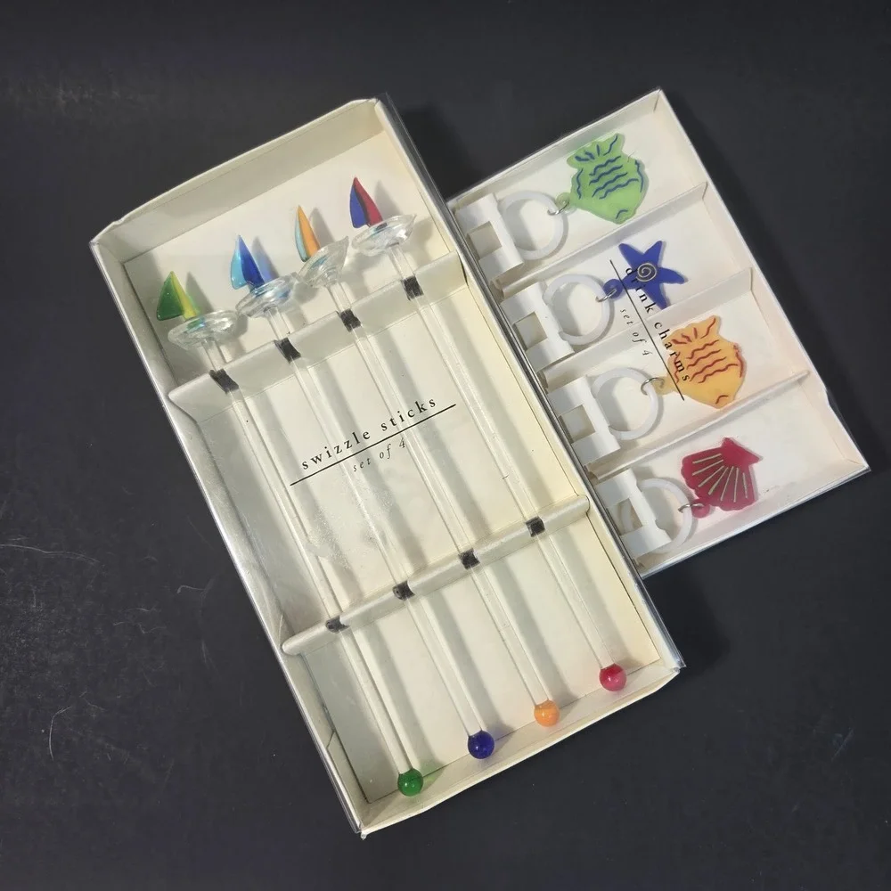 Pier 1 Imports Nautical Sailboat Glass Swizzle Sticks and Drink Charms Set of 8